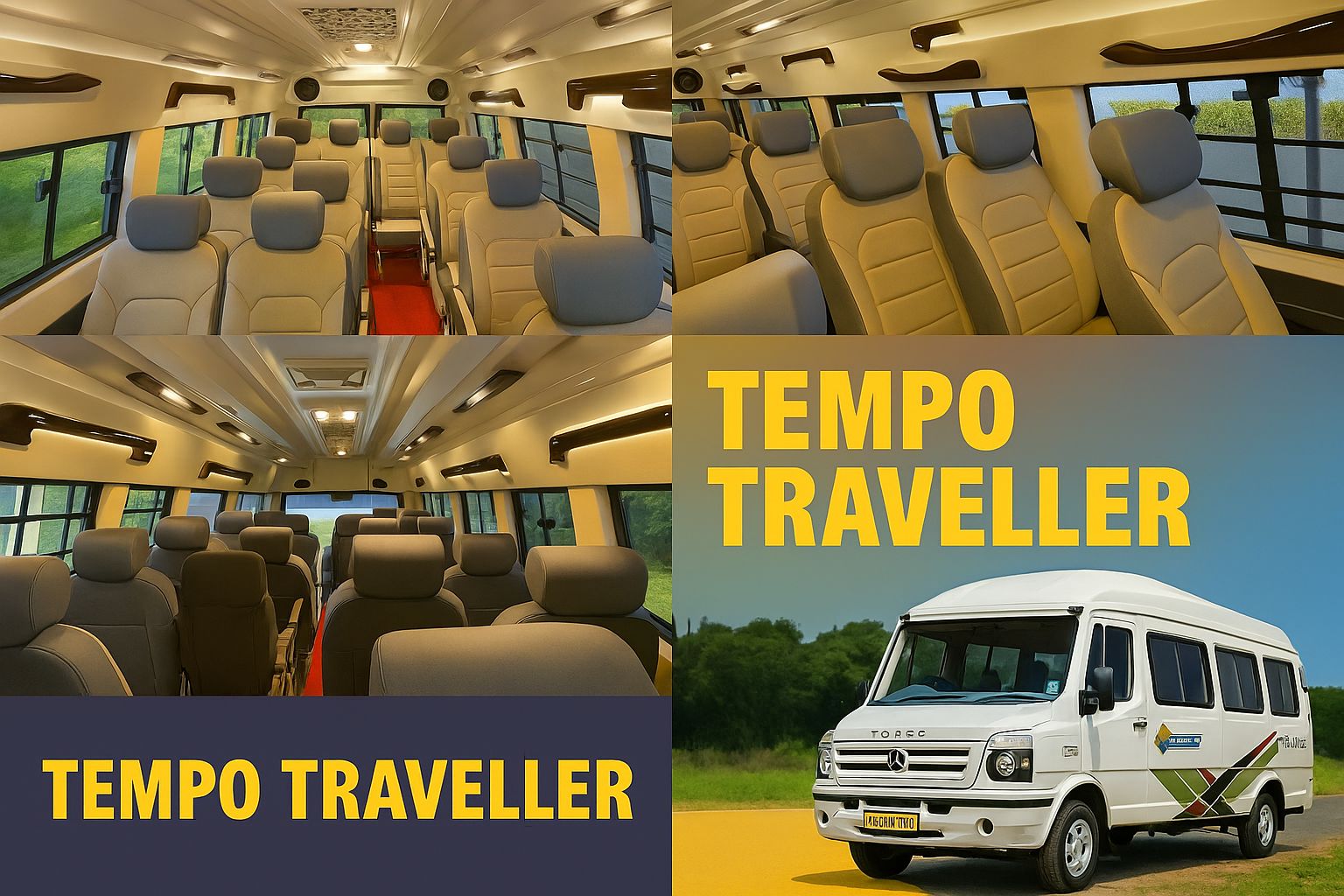 Interior and exterior views of a luxury Tempo Traveller vehicle with modern seating and design, promotional layout for Tempo Traveller services."
